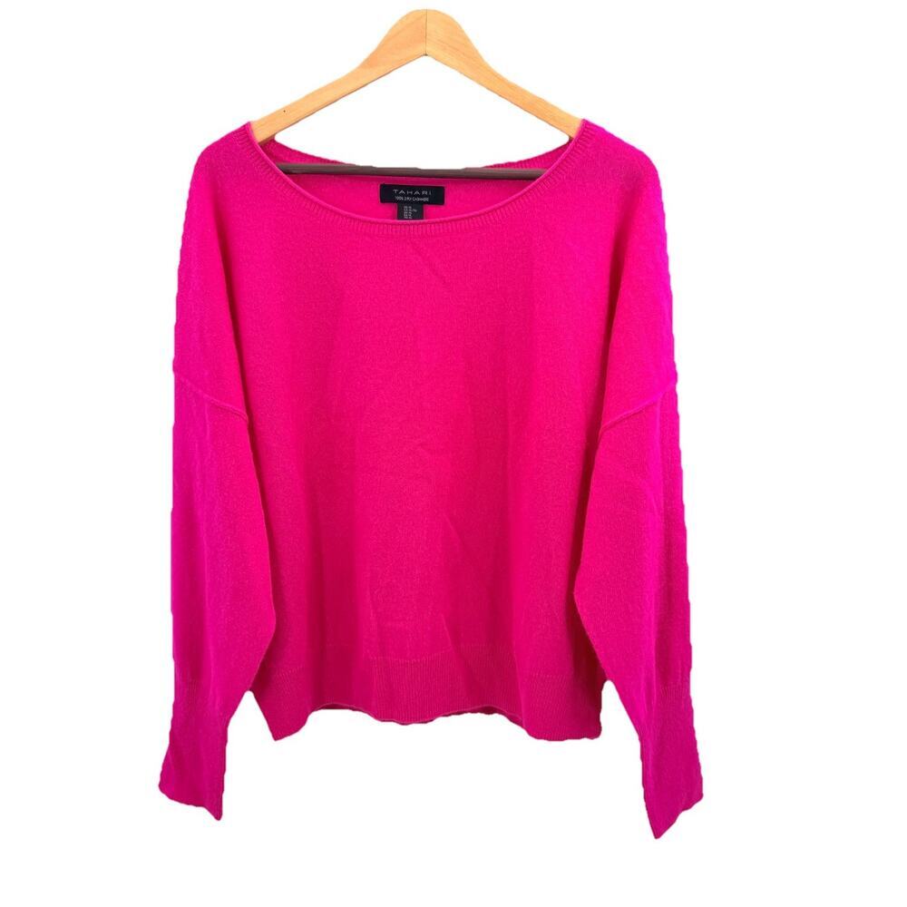 Tahari 100% 2 Ply Cashmere Hot Pink Dolman Sleeve Pullover Sweater Womens XL